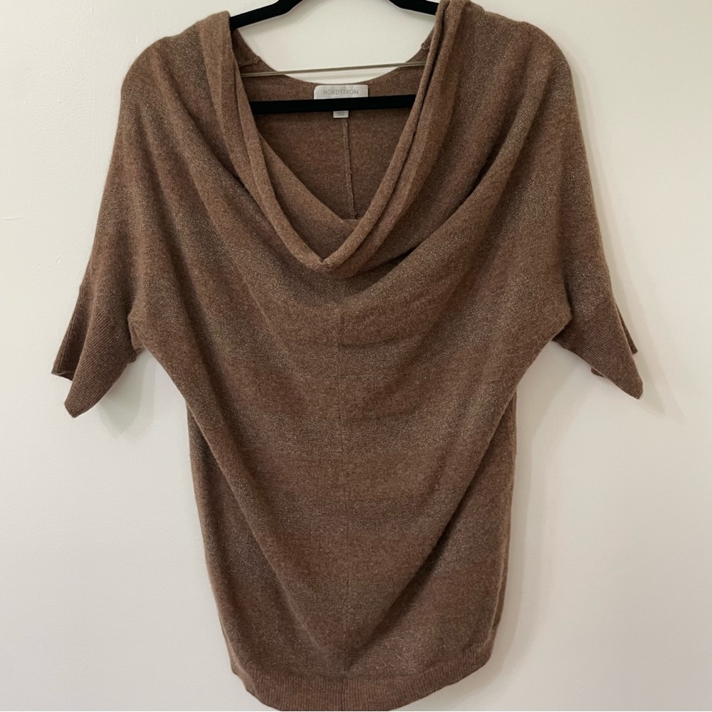 Nordstrom Collection Brown Metallic Stripe Cashmere Drape Neck Sweater S